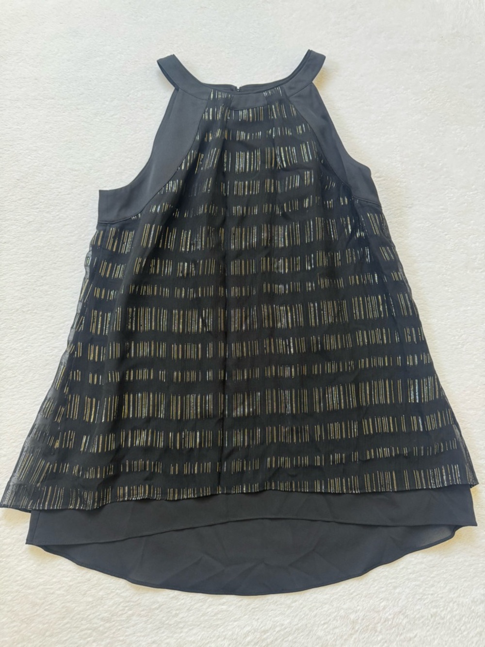 Sleeveless Black Tank with Gold Stripe Sheer Overlay